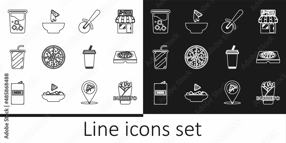 Set line Burrito, Pizza in cardboard box, knife, Glass with water, and Nachos plate icon. Vector