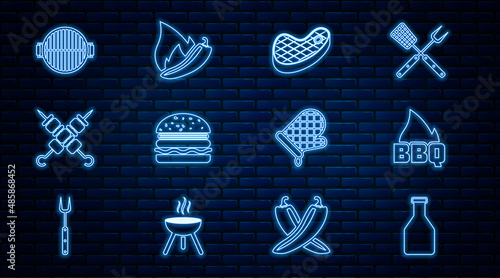 Set line Ketchup bottle, Barbecue fire flame, Steak meat, Burger, Grilled shish kebab, grill, Oven glove and Hot chili pepper pod icon. Vector