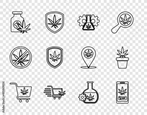 Set line Shopping cart with marijuana, Online buying, Test tube, Medical bottle, Shield and, and Marijuana plant pot icon. Vector