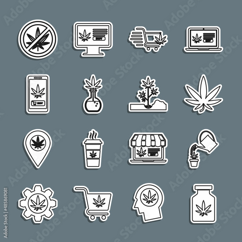 Set line Medical bottle with marijuana, Watering can, Marijuana or cannabis leaf, Shopping cart, Test tube, Online buying, Stop and Planting icon. Vector