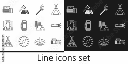 Set line Flashlight, Burning match with fire, Thermos container, Rafting boat, Tourist tent and Wooden axe and wood icon. Vector