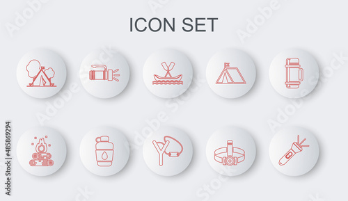 Set line Flashlight, Campfire, Rafting boat, Head flashlight, Tourist tent with flag, Canteen water bottle and Slingshot icon. Vector