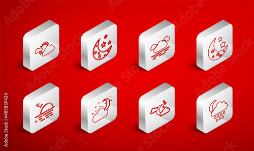 Set line Cloud with rain and moon, Moon stars, Sun cloud weather, and Sunset icon. Vector