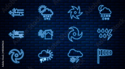Set line Cone meteorology windsock wind vane, Storm, Tornado, swirl, Wind and snow, rain, and Cloud with sun icon. Vector