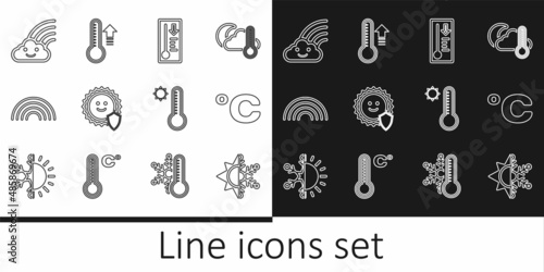 Set line Sun and snowflake, Celsius, Meteorology thermometer, UV protection, Rainbow, with cloud, and icon. Vector