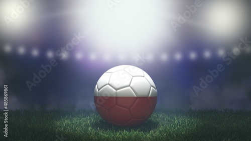 Soccer ball in flag colors on a bright blurred stadium background. Poland. 3D image
