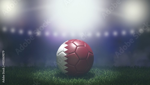 Soccer ball in flag colors on a bright blurred stadium background. Qatar. 3D image