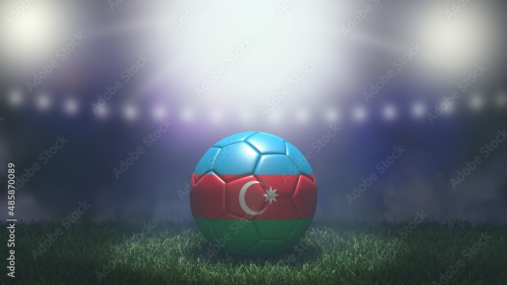 Naklejka premium Soccer ball in flag colors on a bright blurred stadium background. Azerbaijan. 3D image