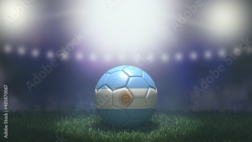 Soccer ball in flag colors on a bright blurred stadium background. Argentina. 3D image