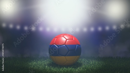 Soccer ball in flag colors on a bright blurred stadium background. Armenia. 3D image