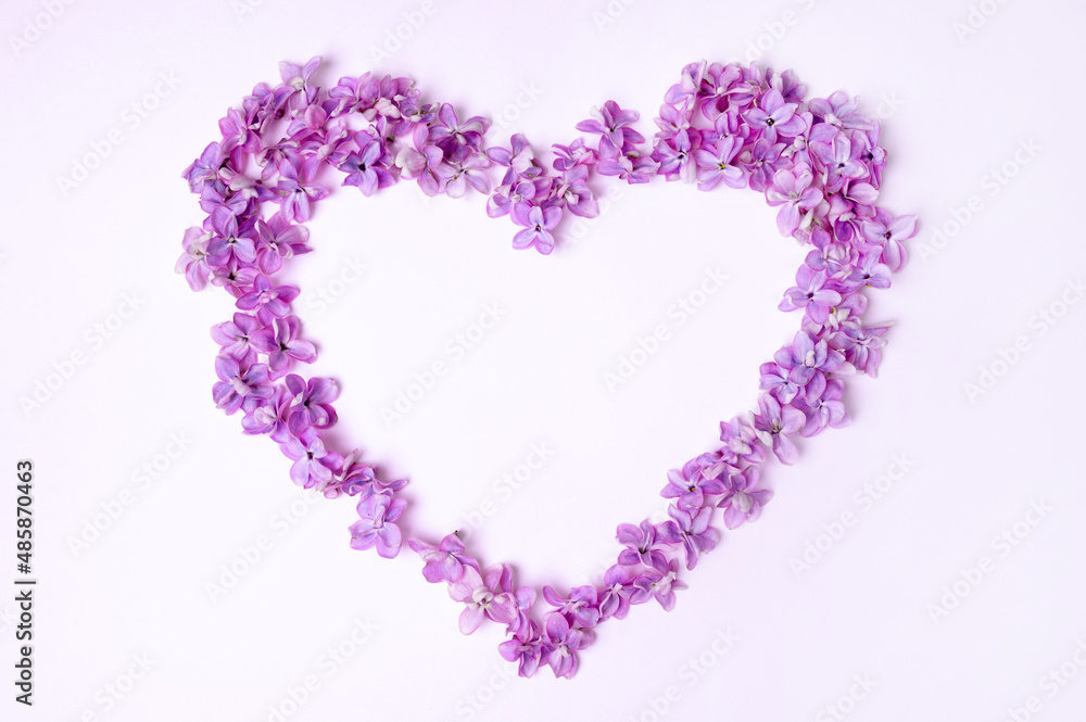 Heart of lilac flowers on white background. Flat lay, top view, copy space. Valentine's day.