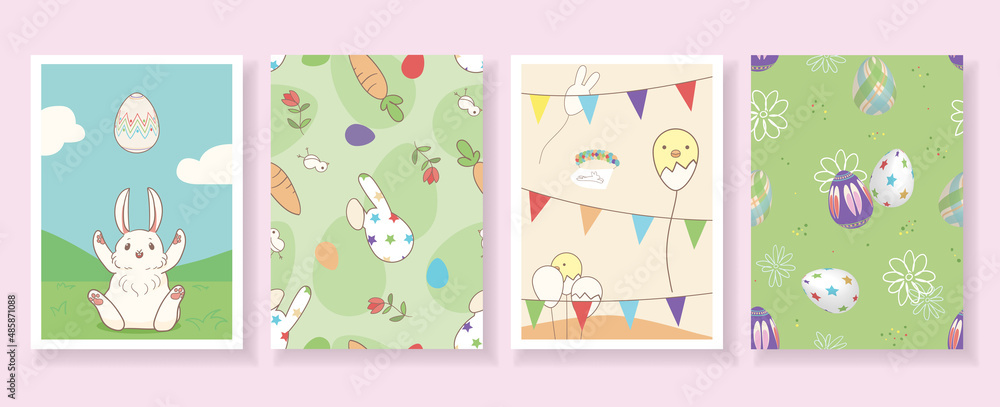 Happy Easter Day invitation vectors set with Eggs, Rabbits, Blossoms and Chics in wonderful greeting wall art design Happy Easter Day invitation vectors set with Eggs, Rabbits, Blossoms and Chics in wonderful greeting wall art design