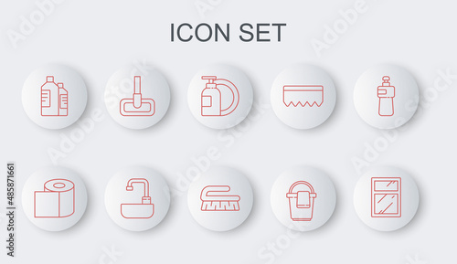 Set line Cleaning service for windows, Toilet paper roll, Dishwashing liquid bottle and plate, Bucket with rag, Bottles cleaning agent, Mop, Washbasin water tap and Brush icon. Vector