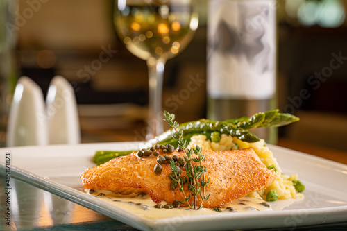 Salmon Picatta with Risotto and Asparagus with White Wine photo