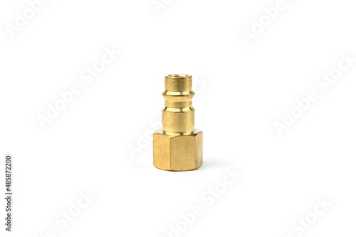 Metal connector for connection with hose of compressor isolated on white background. External fitting.