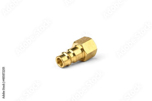 Metal connector for connection with hose of compressor isolated on white background. External fitting. photo