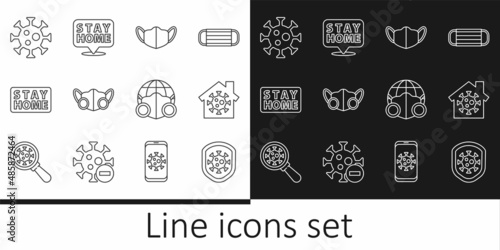 Set line Shield protecting from virus, Stay home, Medical protective mask, Virus, Earth with medical and icon. Vector