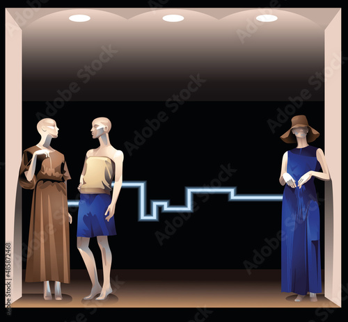 Female mannequins in a shop window.