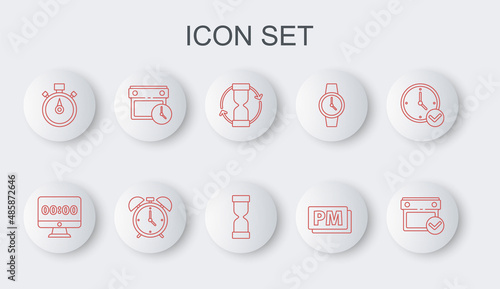 Set line Calendar with check mark, Clock on monitor, Old hourglass, PM, Stopwatch, and clock, Alarm and icon. Vector