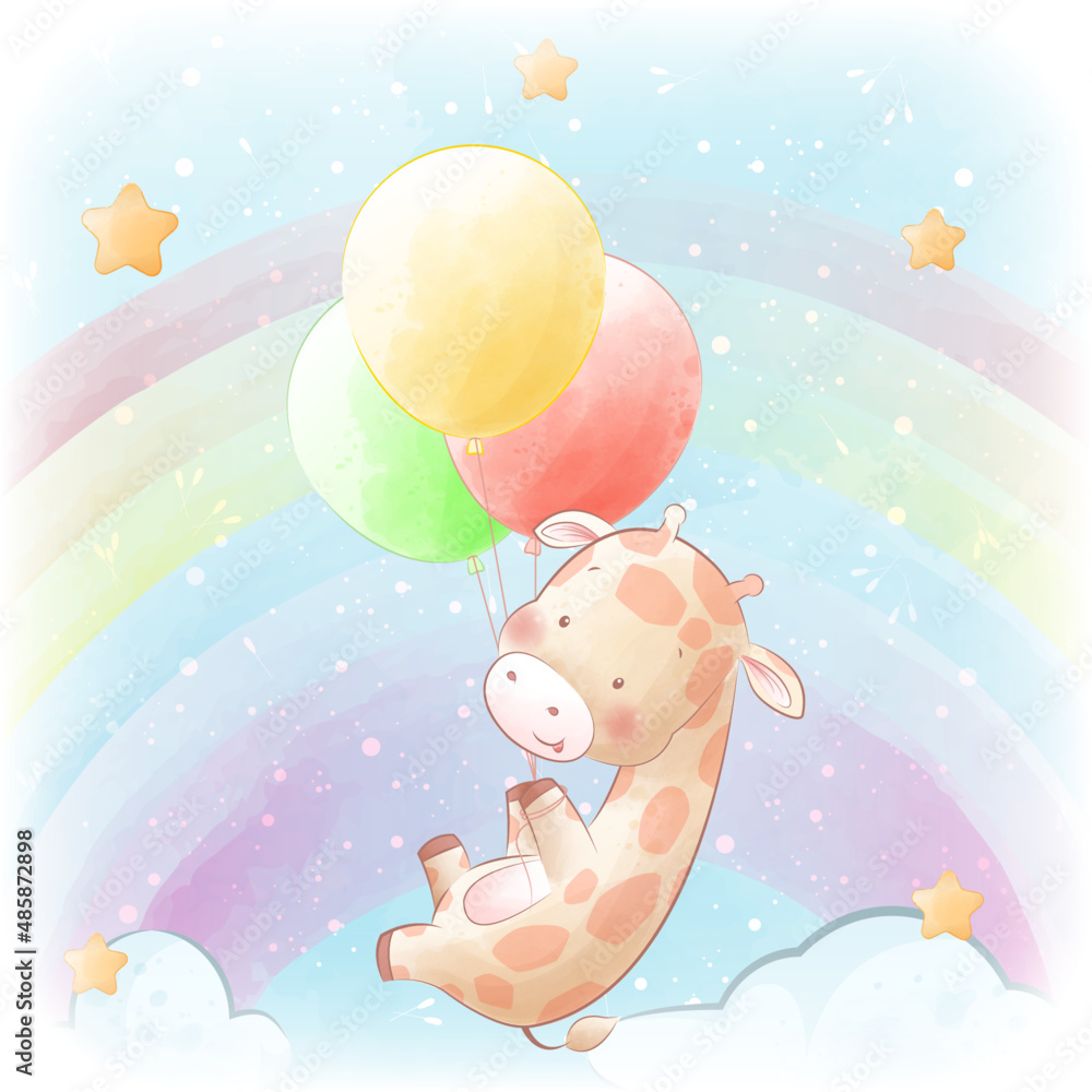 Baby shower greeting card with cute giraffe flying on balloons