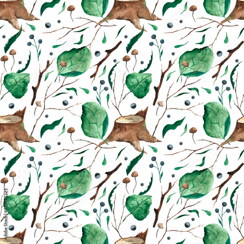 Watercolor floral seamless pattern. Forest