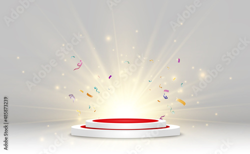 Round podium, pedestal or platform, illuminated by spotlights in the background. Vector illustration. Bright light. Light from above. Advertising place photo