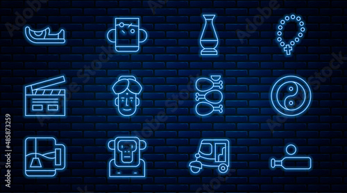 Set line Wood cricket bat and ball, Yin Yang, Indian vase, man, Bollywood indian cinema, shoes, Tandoori chicken and Cup of tea leaf icon. Vector