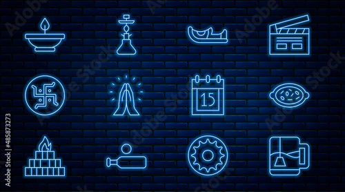 Set line Cup of tea with tea bag, Kheer in bowl, Indian shoes, Hands praying position, Hindu swastika, Aroma lamp, Independence day and Hookah icon. Vector