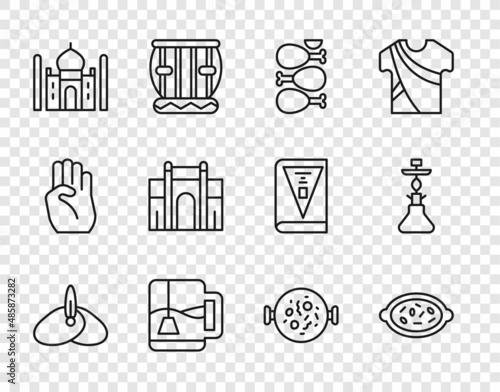 Set line Indian headgear turban, Kheer in bowl, Tandoori chicken, Cup of tea with tea bag, Taj Mahal, Gate Delhi, Chicken tikka masala and Hookah icon. Vector