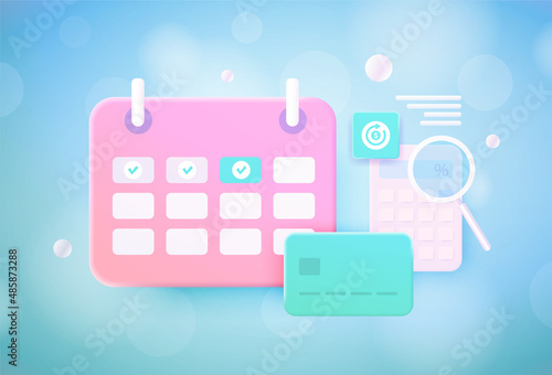 Subscription payment 3d vector illustration. Calendar with a monthly payment date, calculator and credit Bank card with a recurring payment icon. Monthly subscription basis fee concept