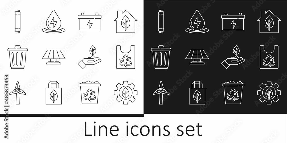Set line Leaf plant in gear machine, Plastic bag with recycle, Car battery, Solar energy panel, Trash can, Fluorescent lamp, Plant hand and Water icon. Vector Set line Leaf plant in gear machine, Plastic bag with recycle, Car battery, Solar energy panel, Trash can, Fluorescent lamp, Plant hand and Water icon. Vector