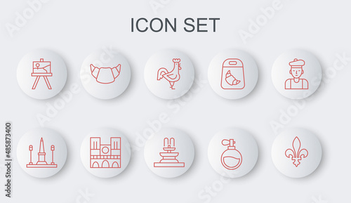Set line Fleur De Lys, Place La Concorde, French rooster, Perfume, Easel painting art boards, Croissant, Notre Dame and Fountain icon. Vector