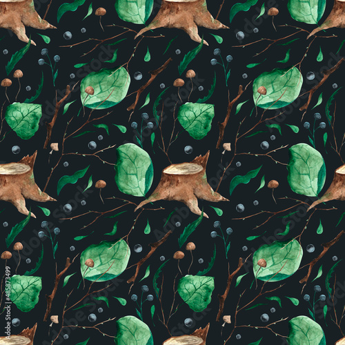 Watercolor floral seamless pattern. Forest