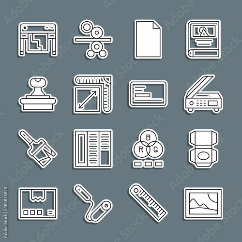 Set line Picture landscape, Carton cardboard box, Scanner, Empty document, Paper size, Stamp, Plotter and Business icon. Vector