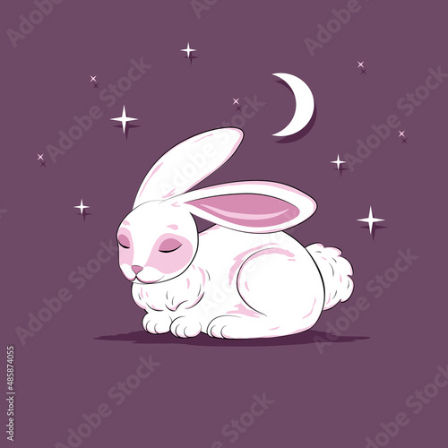 Sleepy baby rabbit with sweet dreams in cartoon style. Wild magical furry pet under midnight moon and stars. Beautiful little white holiday Easter bunny. Childish vector illustration.