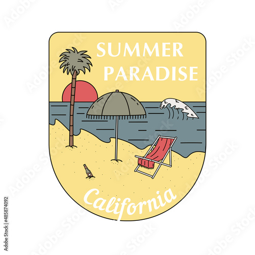 A hand-drawn badge with beach, ocean and chaise longue. Surfing concept, inscription. For t-shirt prints, posters and other uses.