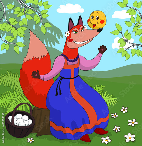 Illustration for russian traditional fairy tale Kolobok. Characters of children tale. Kolobok met a fox. Vector illustration for kids products, books or postcards photo