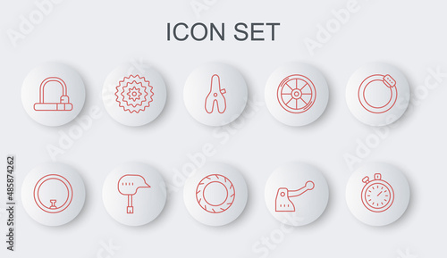 Set line Stopwatch, Bicycle wheel, seat, brake, lock, cassette, helmet and tire icon. Vector