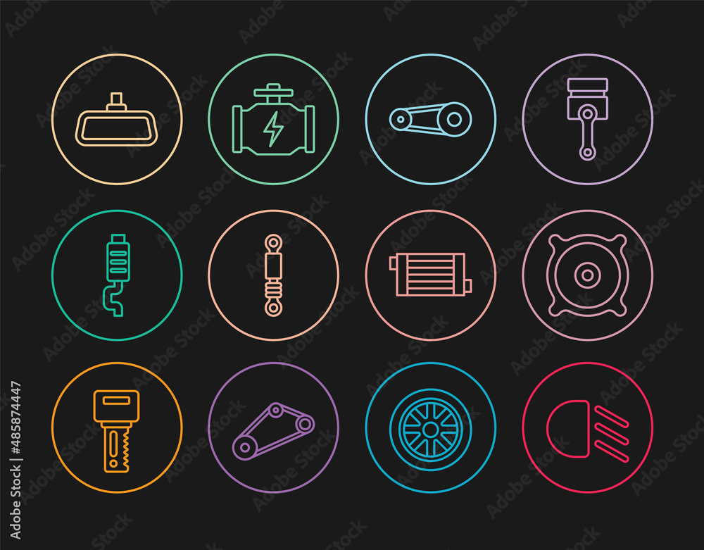 Set line High beam, Car audio speaker, Timing belt kit, Shock absorber, muffler, mirror, radiator cooling system and Check engine icon. Vector Set line High beam, Car audio speaker, Timing belt kit, Shock absorber, muffler, mirror, radiator cooling system and Check engine icon. Vector