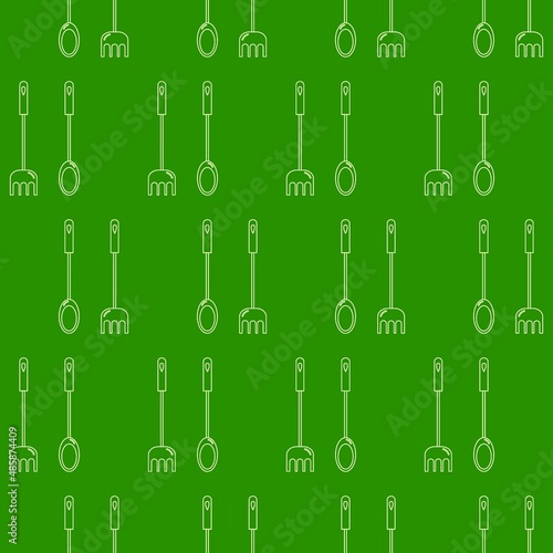 Seamless pattern of cutlery forks and spoons on a green background. For wallpaper design, packaging, textiles.