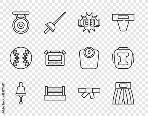 Set line Ringing bell, Boxing short, Punch boxing gloves, ring, Gong, Stopwatch, Black karate belt and helmet icon. Vector