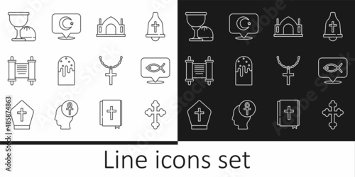 Set line Christian cross, fish, Hindu spiritual temple, Easter cake, Decree, paper, parchment, scroll, Holy grail or chalice, on chain and Star and crescent icon. Vector