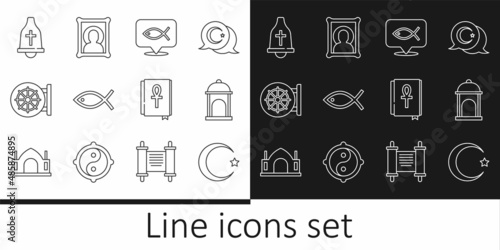 Set line Star and crescent, Muslim Mosque, Christian fish, Dharma wheel, Church bell, Cross ankh book and icon icon. Vector
