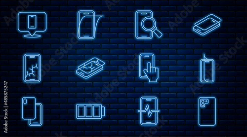 Set line Smartphone, Glass screen protector, Phone repair service, Mobile with broken, and icon. Vector