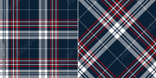 Plaid pattern print in navy blue, red, white. Seamless dark bright tartan check vector illustration for flannel shirt, blanket, throw, other modern spring summer autumn winter fashion textile design.