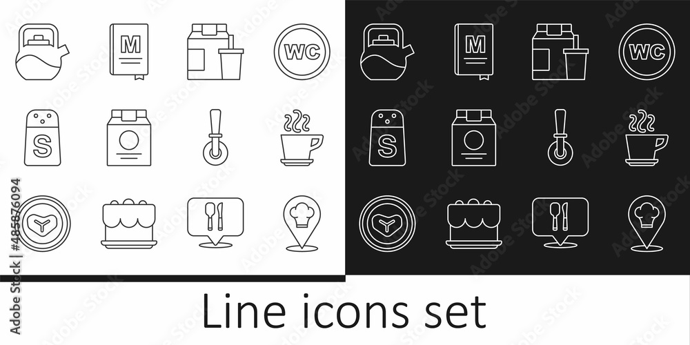 Set line Chef hat with location, Coffee cup, Online ordering and delivery, Salt, Kettle handle, Pizza knife and Restaurant cafe menu icon. Vector Set line Chef hat with location, Coffee cup, Online ordering and delivery, Salt, Kettle handle, Pizza knife and Restaurant cafe menu icon. Vector