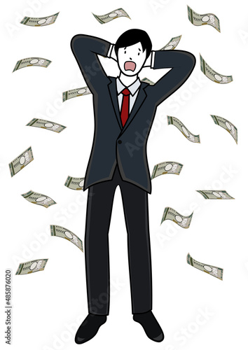 空中に舞うお金（新一万円）と、頭に手をあてて困った顔をするビジネスパーソン（借金や損失のイメージに）