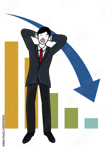 下向きの矢印と頭に手をあてて困った顔をするビジネスパーソン（失敗や経営不振のイメージに）