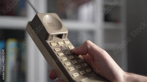 Old Vintage 80s 90s Portable Telephone With Antenna Closeup