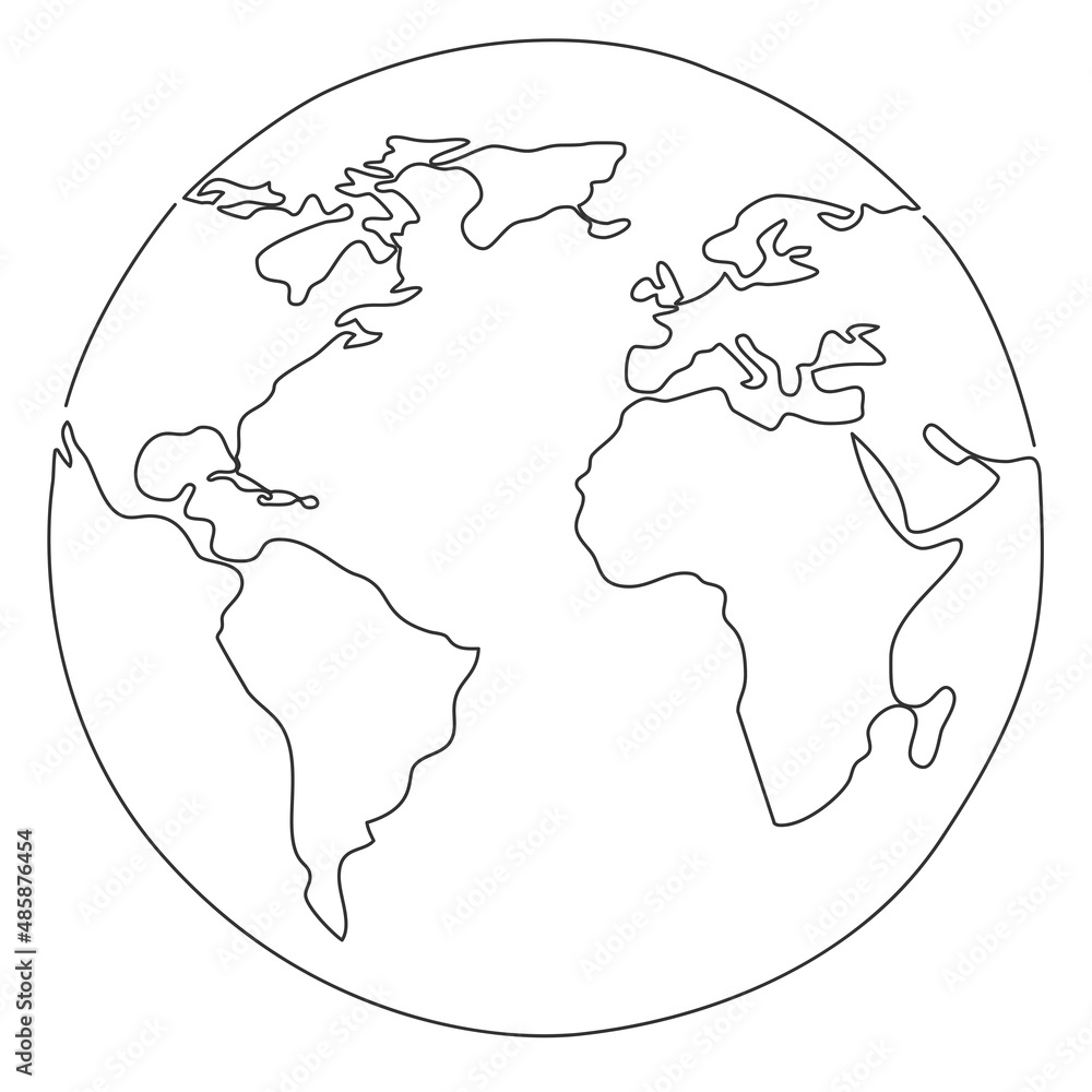 continuous line earth globe drawing, single line vector illustration